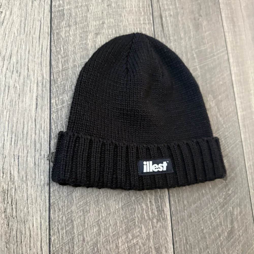 Y2K Illest Beanie Hat Black Knit Cuffed Logo Patch Streetwear Skull Cap Adult OS